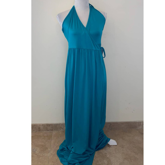 TEAL BACKLESS TIE DRESS FEATHERS SIZE LARGE NWT - Picture 1 of 5